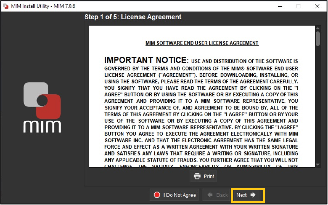 Once the installation completes, you will need to accept the end user license agreement and click Next; see screenshot below.